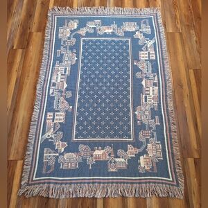 Jacquard Blue Pink White Reversible Throw Blanket Village Cottage Fringe 70 X 46